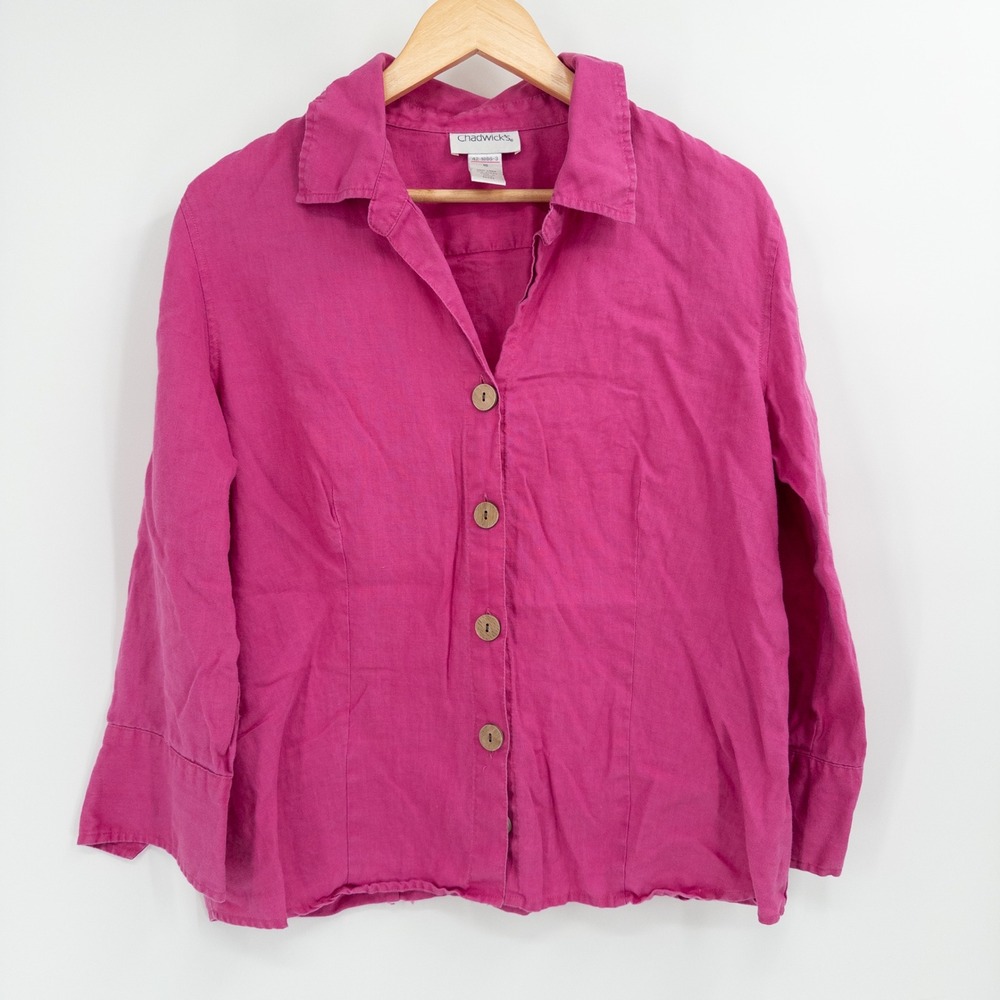Chadwicks Button Down Shirt Womens 16 Pink 100% Linen Coastal Lagenlook